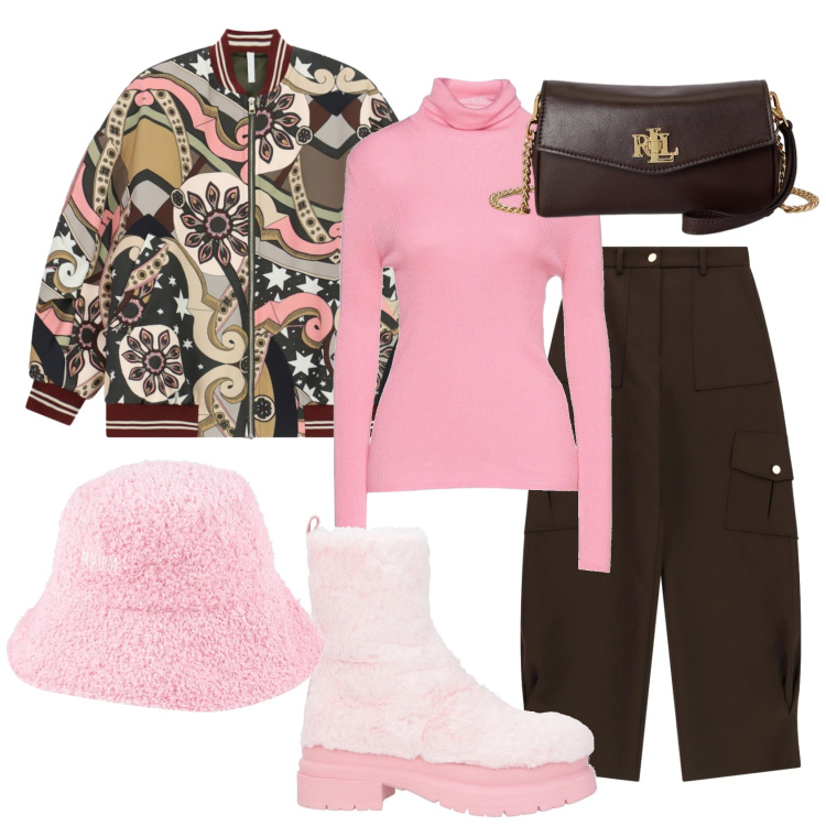 Outfit donna - Total look #2491789. Stile Urban per Tutti i giorni. Abbinamento con pantaloni cargo, bomber, portafogli, stivaletti, cappelli, maglieria.