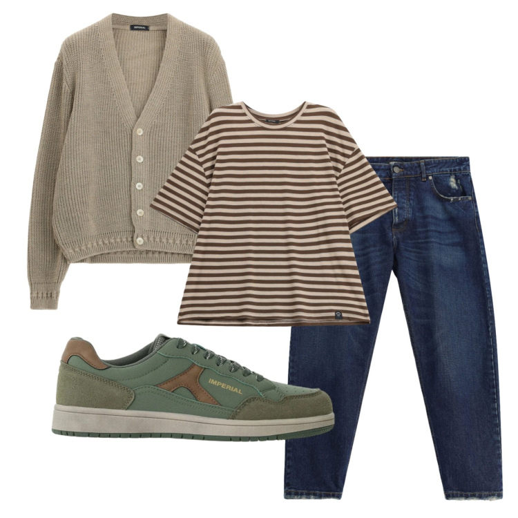 Outfit uomo - Total look #2491806. Stile Trendy per Tutti i giorni. Abbinamento con jeans, cardigans, sneakers, t-shirt.
