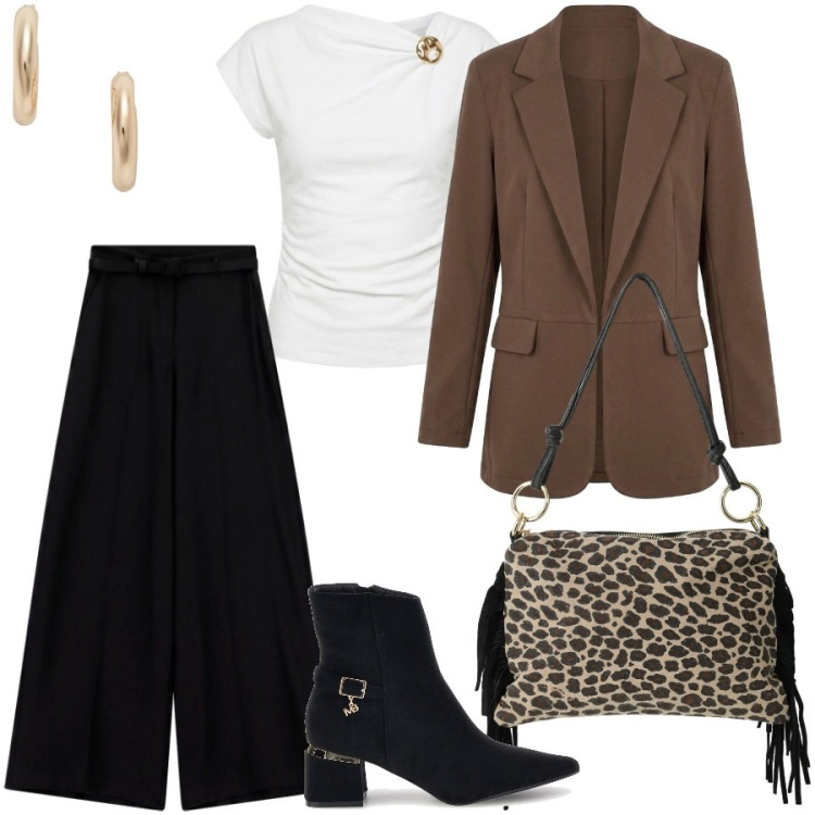 Outfit donna - Total look #2491808. Stile Casual chic per Serata fuori. Abbinamento con pantaloni a palazzo, borse a spalla, orecchini, t-shirt, blazer, stivaletti.