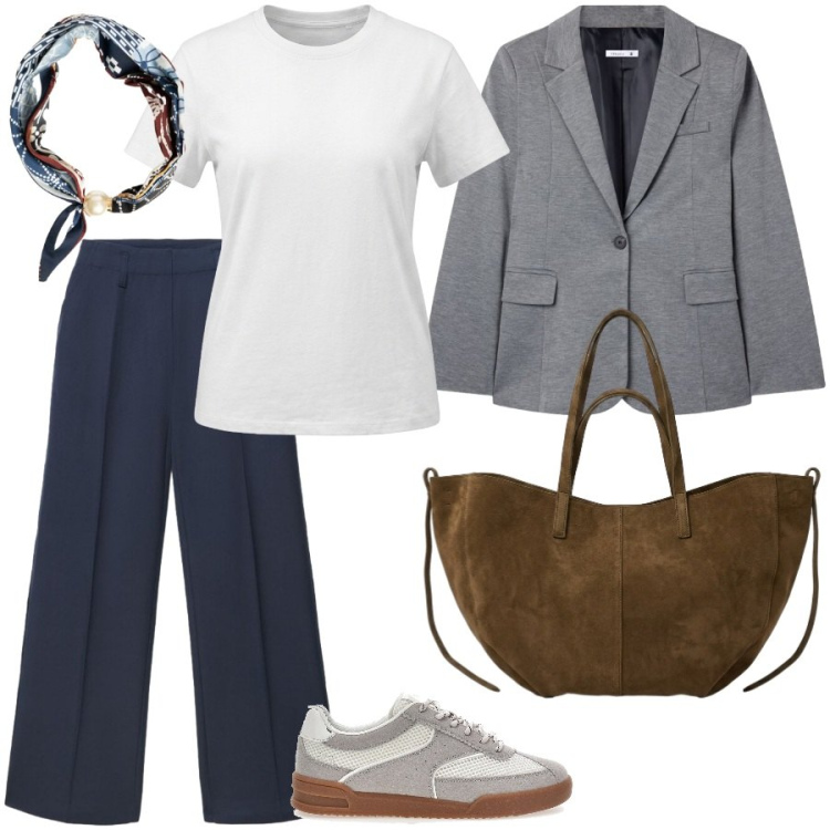 Outfit donna - Total look #2491815. Stile Basic per Ufficio. Abbinamento con t-shirt, borse tote, foulard, blazer, pantaloni a palazzo, sneakers.