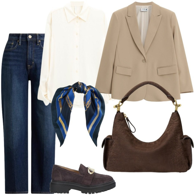 Outfit donna - Total look #2491827. Stile Basic per Ufficio. Abbinamento con camicie, borse a spalla, jeans dritti, foulard, blazer, mocassini.