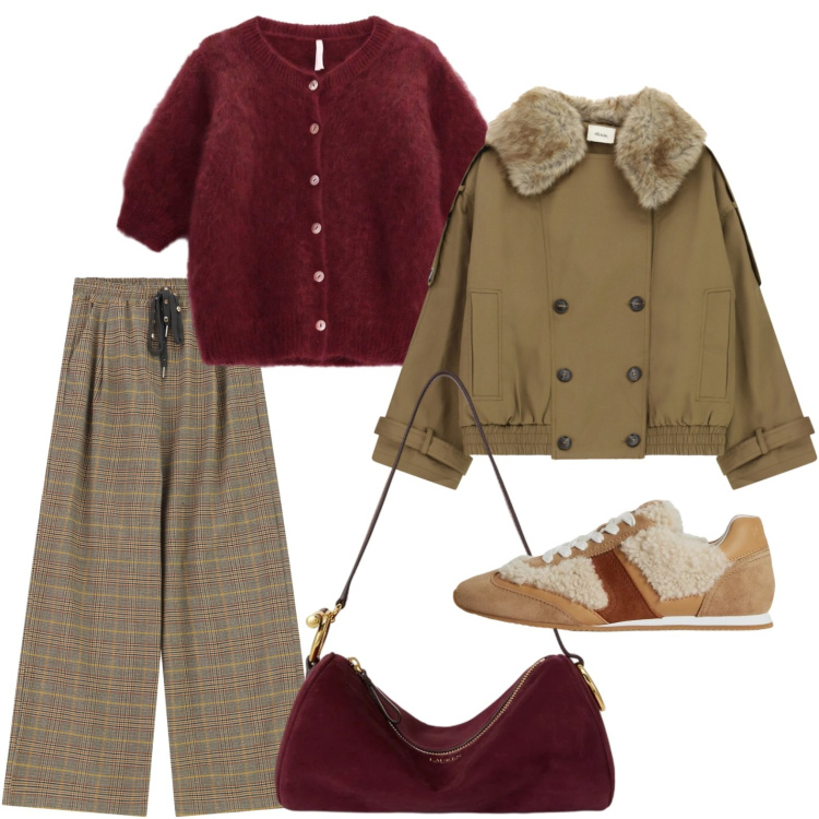 Outfit donna - Il trench corto con ecopelliccia. Stile Casual per Tutti i giorni. Abbinamento con cardigans, sneakers, borse a spalla, pantaloni a palazzo, parka.
