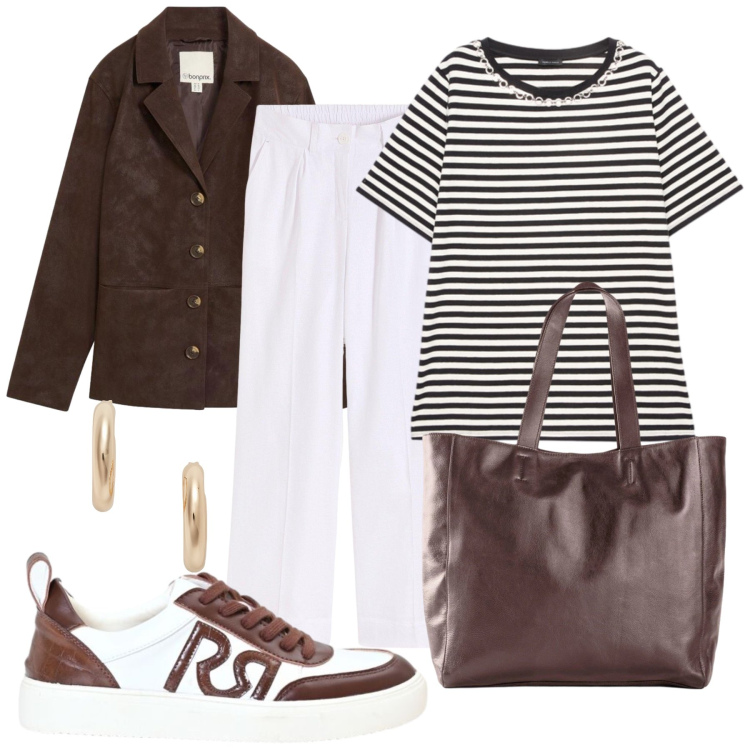 Outfit donna - Total look #2491829. Stile Glamour per Ufficio. Abbinamento con t-shirt, orecchini, sneakers, blazer, shopping bag, pantaloni a palazzo.