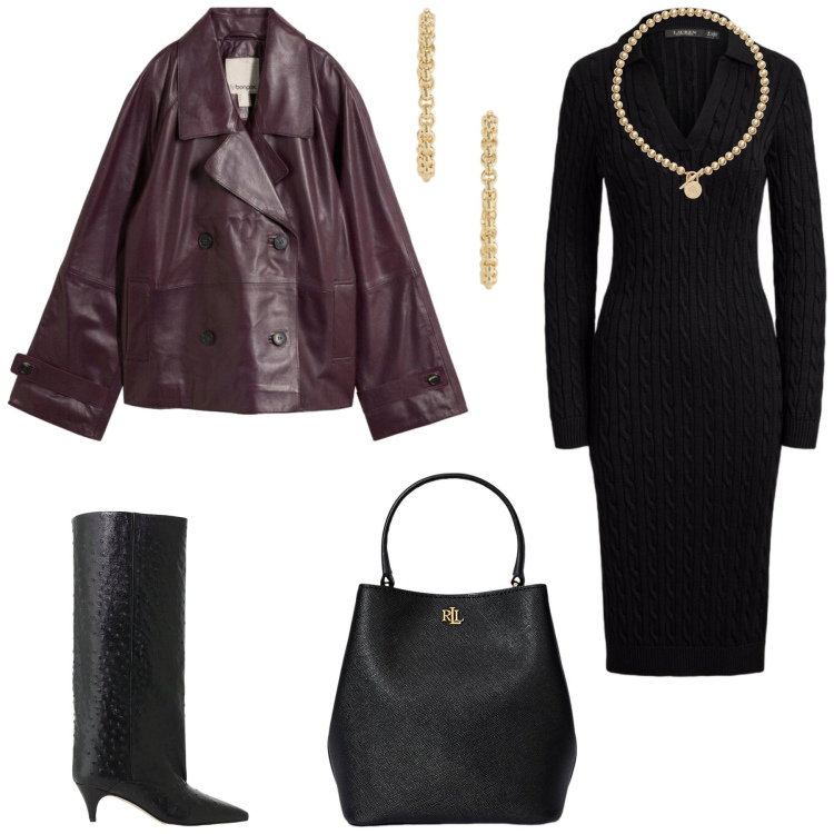 Outfit donna - Total look #2491831. Stile Casual chic per Serata fuori. Abbinamento con collane, borse a secchiello, vestiti midi/longuette, orecchini, stivali, caban.