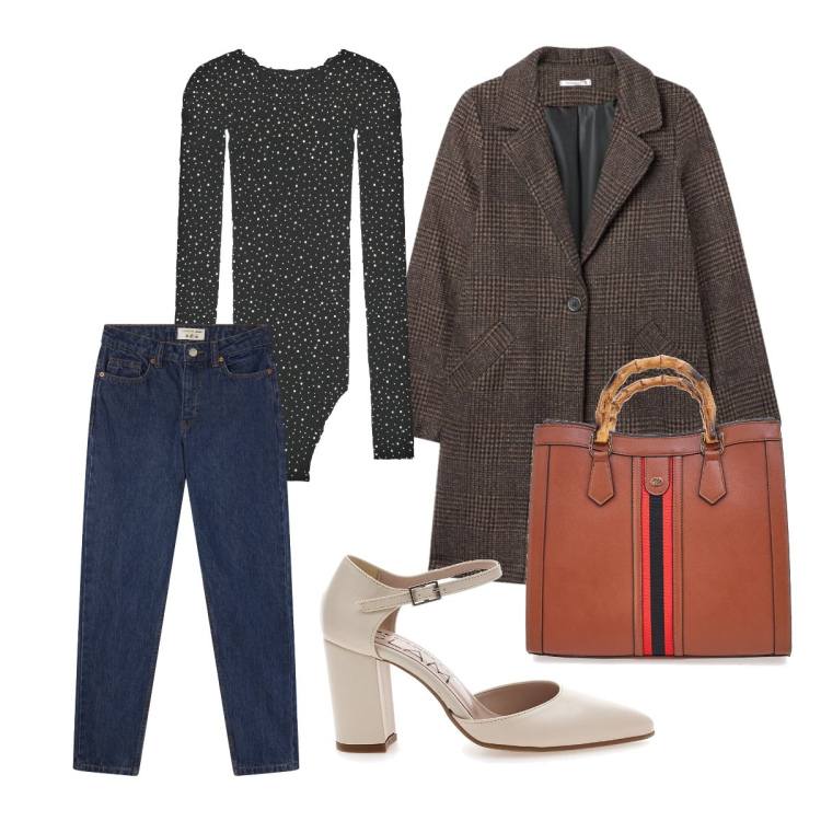 Outfit donna - Guardaroba pop. Stile Urban per Tutti i giorni. Abbinamento con body, jeans mom, cappotti, borse a tracolla, décolleté.