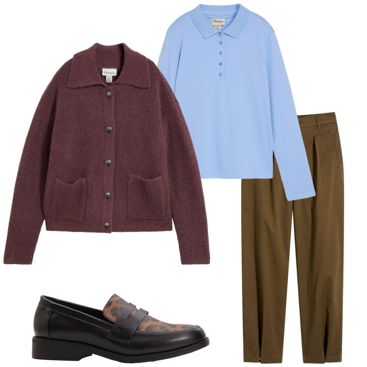 Outfit donna - In ufficio. Stile Basic per Ufficio. Abbinamento con pantaloni, cardigans, polo, mocassini.
