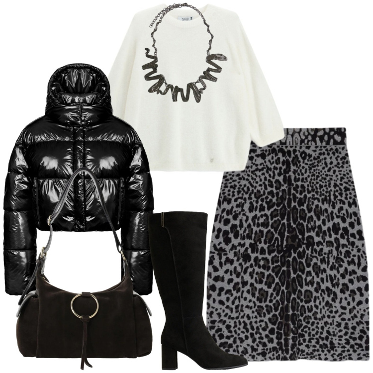 Outfit donna - Casual. Stile Casual chic per Tutti i giorni. Abbinamento con borse a spalla, ciondoli, gonne longuette, maglieria, piumini, stivali.