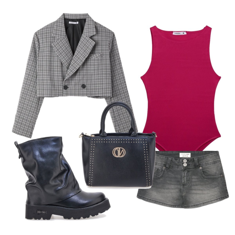 Outfit donna - Trend freschi d’autunno. Stile Trendy per Scuola/Università. Abbinamento con blazer, top, shorts, stivali, borse a mano.
