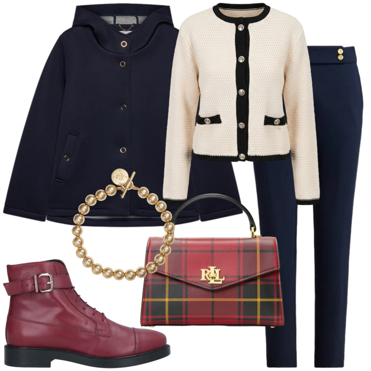 Outfit donna - Casual chic. Stile Casual chic per Tutti i giorni. Abbinamento con blazer, braccialetti, pantaloni, borse a mano, cardigans, stivaletti.