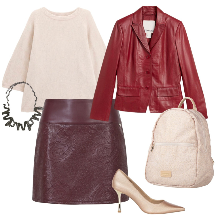 Outfit donna - Total look #2491854. Stile Casual chic per Ufficio. Abbinamento con maglieria, ciondoli, minigonne, décolleté, zaini, blazer.