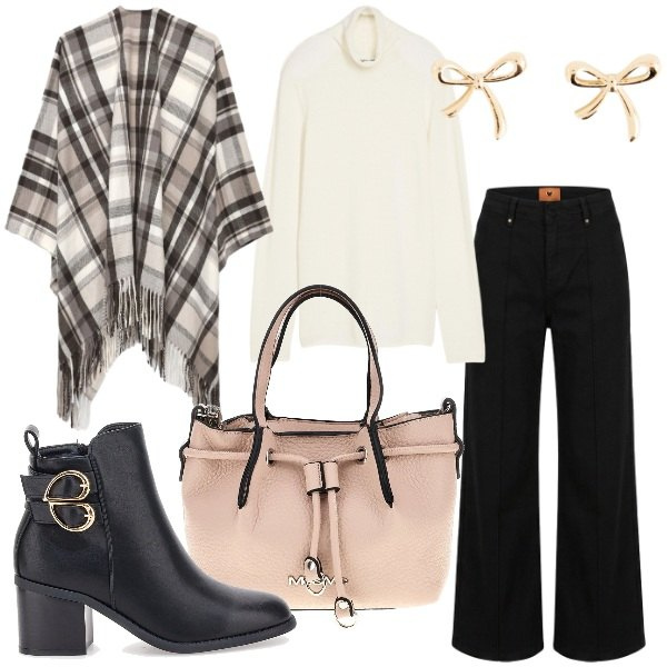 Outfit donna - La Capsule Wardrobe. Stile Casual chic per Tutti i giorni. Abbinamento con pantaloni, cappe, stivaletti, maglieria, borse a spalla, orecchini.