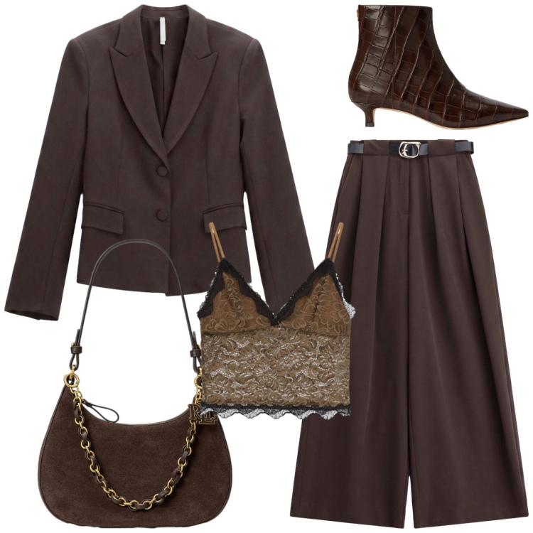 Outfit donna - Colori nuovi per il tailleur d' autunno. Stile Chic per Tutti i giorni. Abbinamento con pantaloni a palazzo, blazer, stivaletti, borse a spalla, top.
