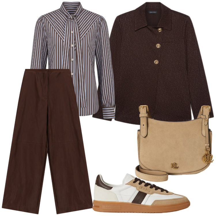 Outfit donna - Un lunedì. Stile Chic per Ufficio. Abbinamento con camicie, blazer, borse a tracolla, sneakers, pantaloni a palazzo.
