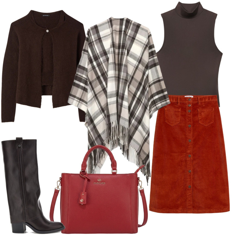 Outfit donna - Urban Layering Strategy. Stile Urban per Ufficio. Abbinamento con cardigans, cappe, top, gonne longuette, stivali, borse a tracolla.