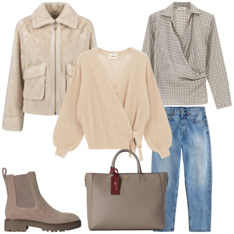 Outfit donna - Il mio capsula. Stile Casual chic per Ufficio. Abbinamento con borse a mano, jeans dritti, stivaletti, blazer, camicie, cardigans.