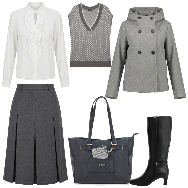 Outfit donna - Grigio per l'ufficio. Stile Bon Ton per Ufficio. Abbinamento con stivali, maglieria, gonne longuette, camicie, cappotti, shopping bag.