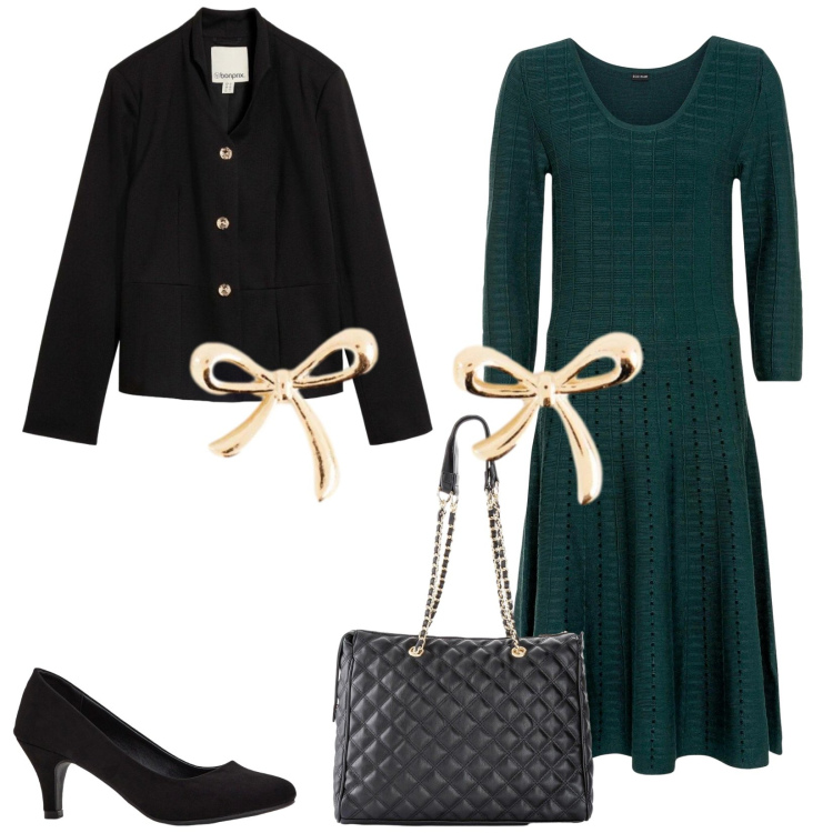 Outfit donna - Total look #2491879. Stile Bon Ton per Ufficio. Abbinamento con vestiti, orecchini, décolleté, borse a mano, blazer.