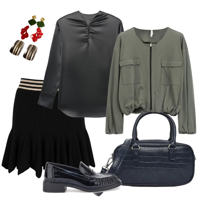 Outfit donna - Total look #2491894. Stile Casual chic per Ufficio. Abbinamento con bomber, orecchini, minigonne, borse a tracolla, bluse, mocassini.