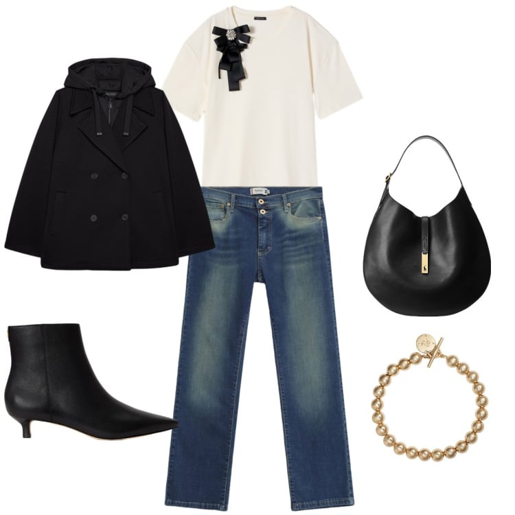 Outfit donna - Passeggiata con amica. Stile Casual chic per Tutti i giorni. Abbinamento con blazer, t-shirt, jeans slim fit, borse a spalla, braccialetti, stivaletti.