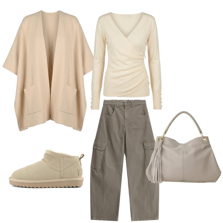 Outfit donna - Autunno in comodità. Stile Urban per Tutti i giorni. Abbinamento con borse a spalla, pantaloni cargo, cappe, t-shirt, stivali.