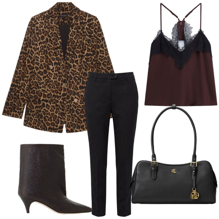 Outfit donna - Animal print vibes. Stile Casual chic per Serata fuori. Abbinamento con pantaloni, top, blazer, borse a mano, stivali.
