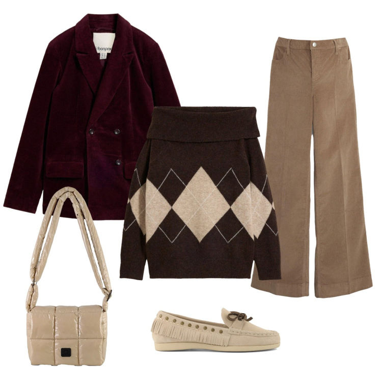 Outfit donna - Un tocco di Seventies. Stile Vintage retrò per Tutti i giorni. Abbinamento con borse a spalla, pullovers, pantaloni, blazer, mocassini.