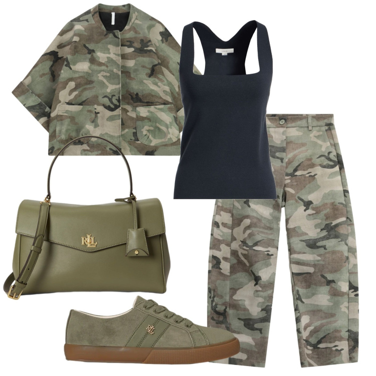 Outfit donna - Total look #2491905. Stile Military per Tutti i giorni. Abbinamento con pantaloni, blazer, sneakers, borse a mano, top.