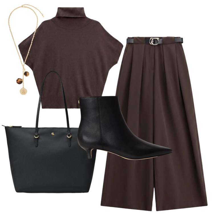 Outfit donna - Total look #2491909. Stile Casual chic per Ufficio. Abbinamento con pantaloni a palazzo, t-shirt, borse tote, stivaletti, collane.