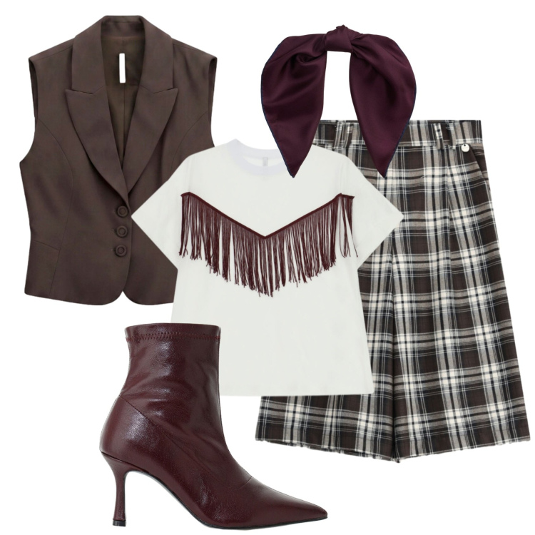 Outfit donna - Total look #2491912. Stile Preppy per Ufficio. Abbinamento con bermuda, stivaletti, gilet, t-shirt, foulard.