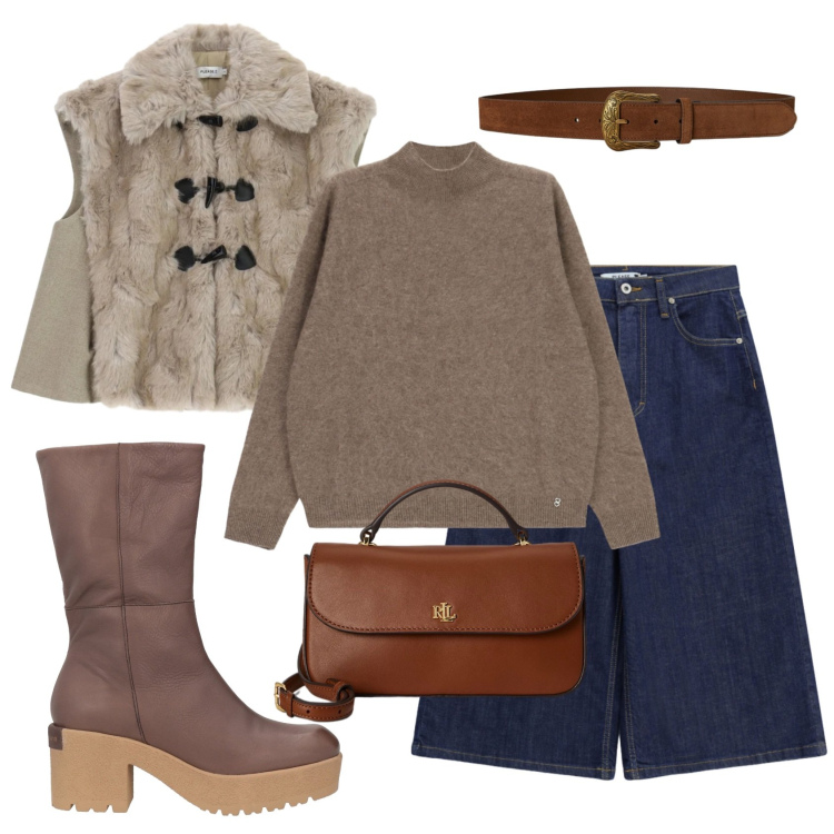 Outfit donna - Total look #2491914. Stile Vintage retrò per Tutti i giorni. Abbinamento con cinture, portafogli, gilet, pullovers, bermuda, stivaletti.