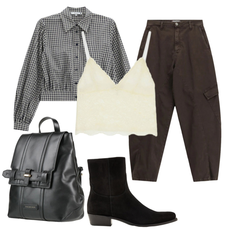 Outfit donna - Total look #2491915. Stile Rock per Tutti i giorni. Abbinamento con stivaletti, pantaloni cargo, top, camicie, zaini.