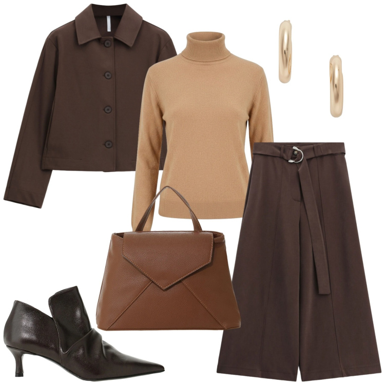 Outfit donna - Total look #2491916. Stile Bon Ton per Ufficio. Abbinamento con cappotti, borse a mano, pantaloni a palazzo, stivaletti, orecchini, pullovers.