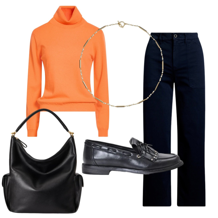 Outfit donna - Total look #2491918. Stile Casual per Ufficio. Abbinamento con pantaloni, collane, borse a spalla, mocassini, maglieria.