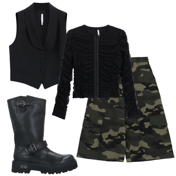 Outfit donna - Total look #2491919. Stile Military per Tutti i giorni. Abbinamento con top, pantaloni cargo, gilet, stivali.