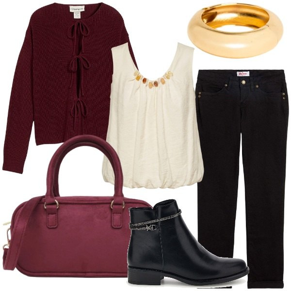 Outfit donna - Capi essenziali. Stile Casual chic per Tutti i giorni. Abbinamento con top, braccialetti, borse a tracolla, jeans dritti, cardigans, stivaletti.