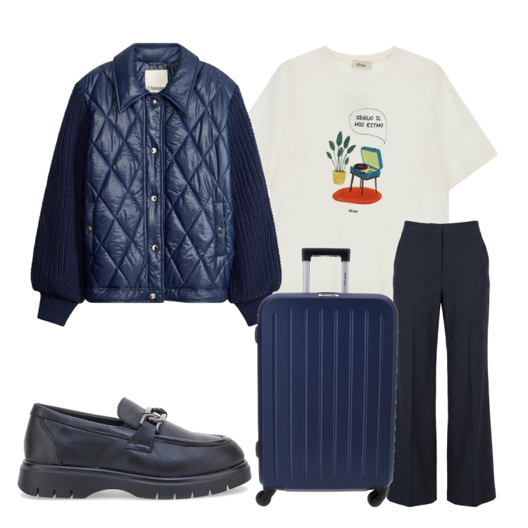 Outfit donna - Scelta migliore. Stile Basic per Tutti i giorni. Abbinamento con t-shirt, pantaloni, mocassini, bomber, valigie.