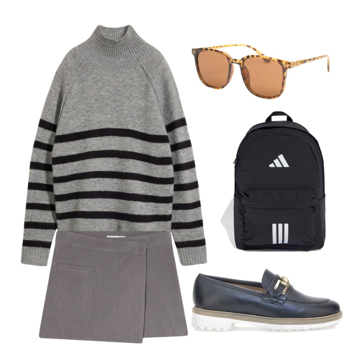 Outfit donna - Da mattina a sera. Stile Preppy per Scuola/Università. Abbinamento con occhiali da sole, gonne, pullovers, zaini, mocassini.