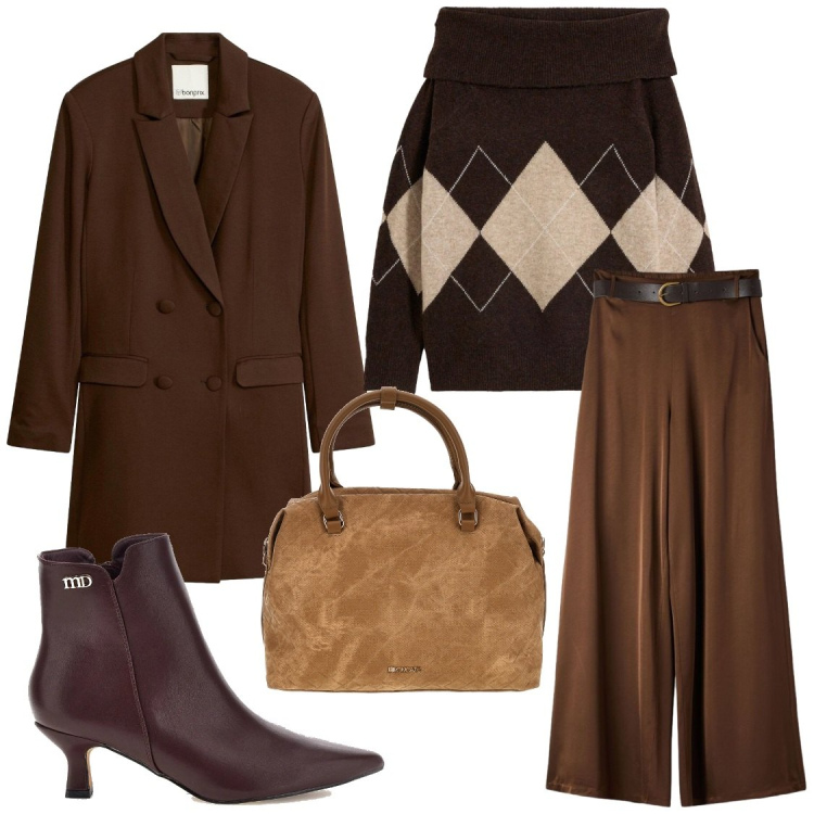 Outfit donna - Mid season sale. Stile Casual chic per Ufficio. Abbinamento con pantaloni, borse a tracolla, pullovers, stivaletti, blazer.