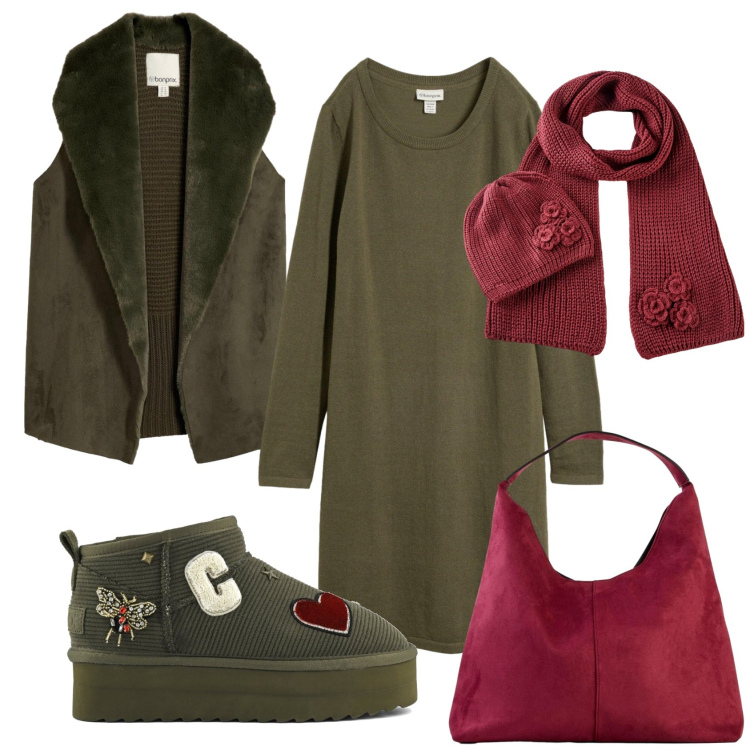 Outfit donna - Total look #2491947. Stile Urban per Tutti i giorni. Abbinamento con vestiti, stivali, piumini, borse a spalla, sciarpe.