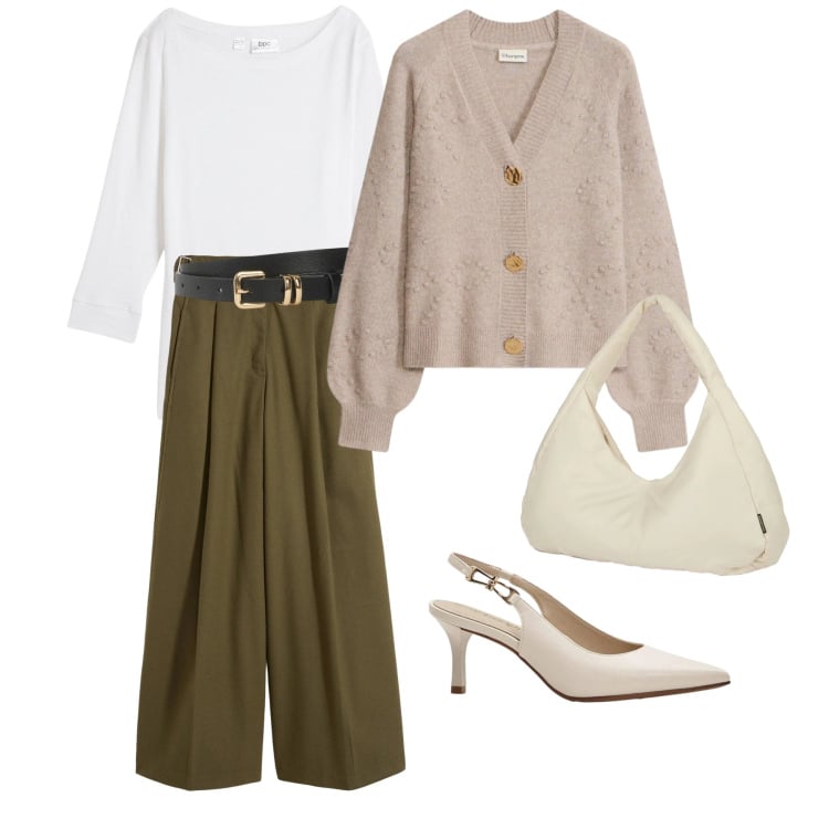 Outfit donna - Pantaloni verde oliva. Stile Basic per Ufficio. Abbinamento con borse a spalla, pantaloni, t-shirt, cinture, décolleté, cardigans.