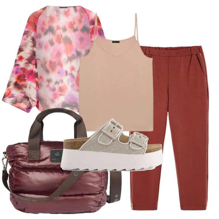 Outfit donna - Total look #2491953. Stile Casual per Tutti i giorni. Abbinamento con top, blazer, pantaloni, borse a tracolla, zeppe.