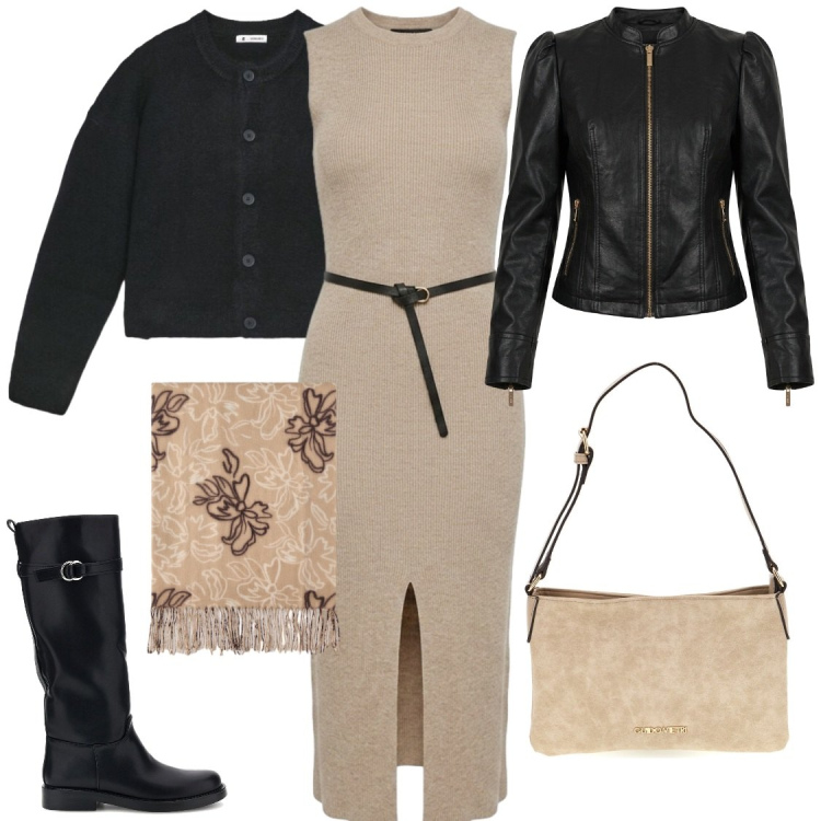 Outfit donna - Il vestito in maglia versatile. Stile Chic per Ufficio. Abbinamento con sciarpe, vestiti midi/longuette, giacche, cardigans, stivali, borse a tracolla.
