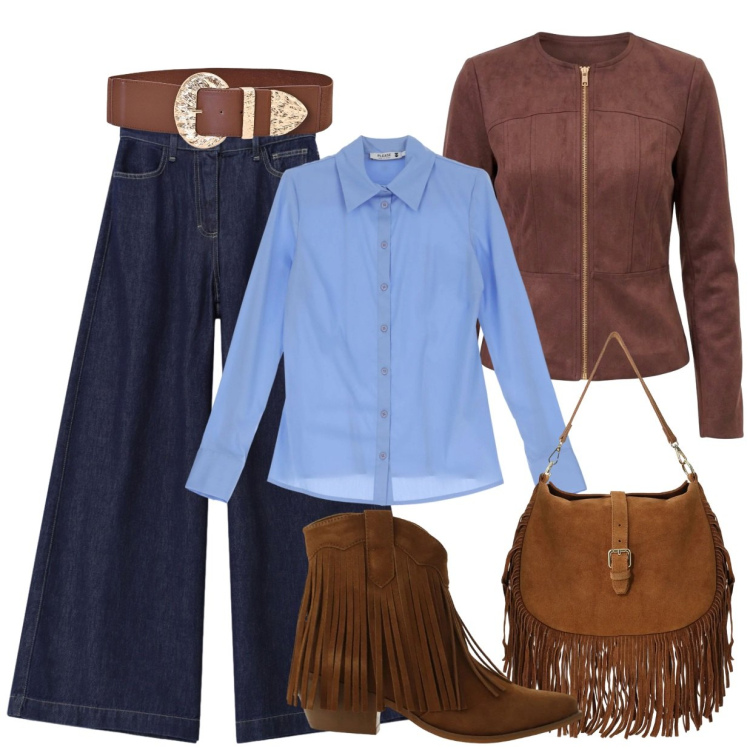Outfit donna - Total look #2491961. Stile Casual per Tutti i giorni. Abbinamento con stivaletti texani, borse a spalla, camicie, jeans, blazer, cinture.