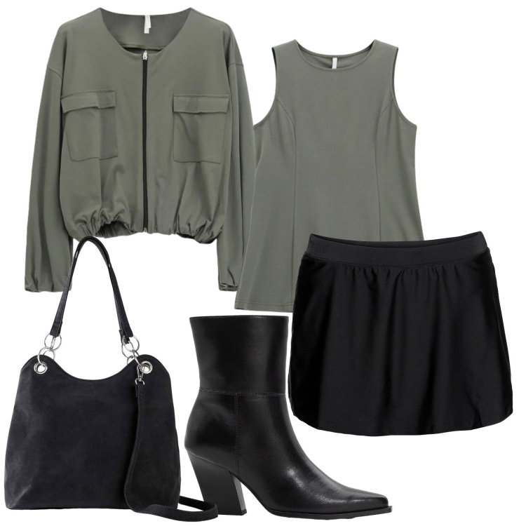Outfit donna - Total look #2491965. Stile Military per Serata fuori. Abbinamento con bomber, canottiere, gonne, stivaletti, borse a mano.