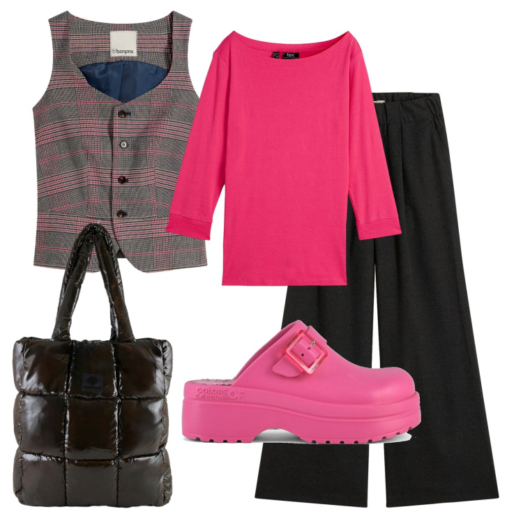 Outfit donna - Total look #2491970. Stile Trendy per Scuola/Università. Abbinamento con shopping bag, maglieria, pantaloni, sandali, gilet.
