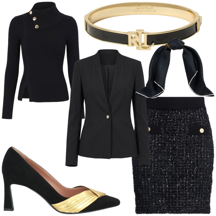 Outfit donna - Blair in black. Stile Chic per Ufficio. Abbinamento con braccialetti, foulard, maglieria, blazer, décolleté, minigonne.