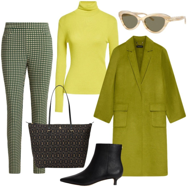 Outfit donna - Fantasie grafiche e colori acidi. Stile Chic per Ufficio. Abbinamento con cappotti, occhiali da sole, stivaletti, pantaloni, borse tote, maglieria.