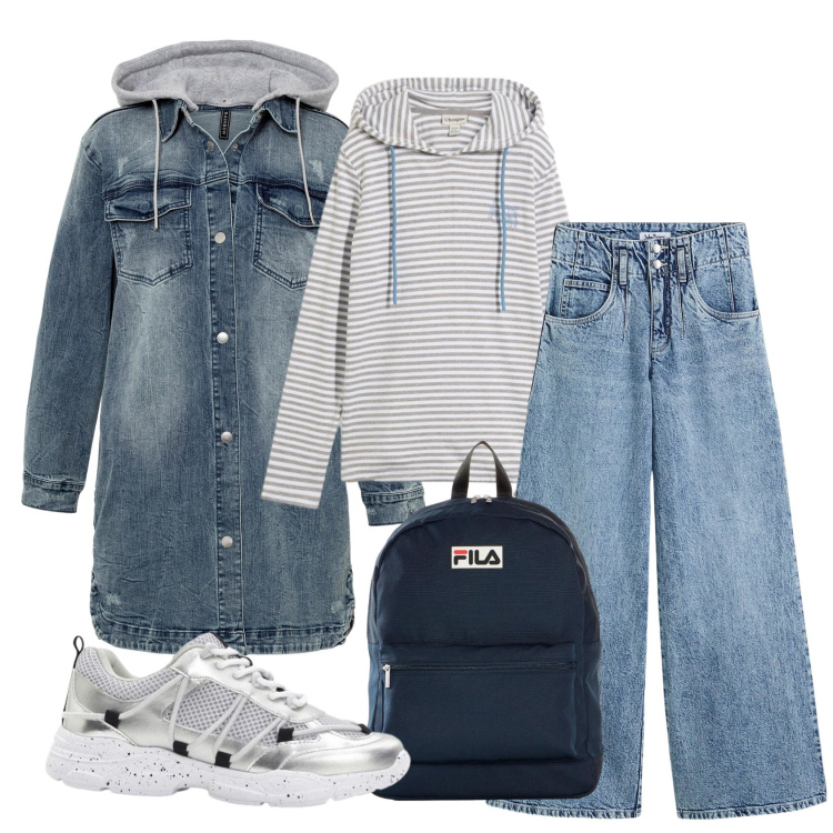 Outfit donna - Total look #2491980. Stile Sporty chic per Scuola/Università. Abbinamento con blazer, felpe con cappuccio, jeans, sneakers, zaini.