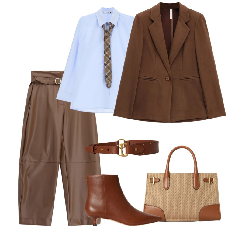 Outfit donna - Total look #2491982. Stile Casual chic Abbinamento con pantaloni, blazer, stivaletti, cinture, borse tote, camicie.