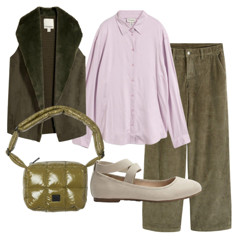 Outfit donna - Total look #2491985. Stile Casual per Tutti i giorni. Abbinamento con borse a spalla, piumini, pantaloni, ballerine, camicie.
